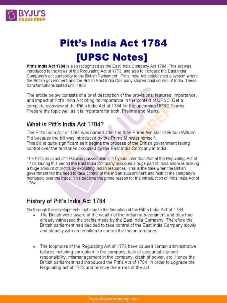 Pitts India Act 1784 Upsc Notes 13 PDF Governance Government
