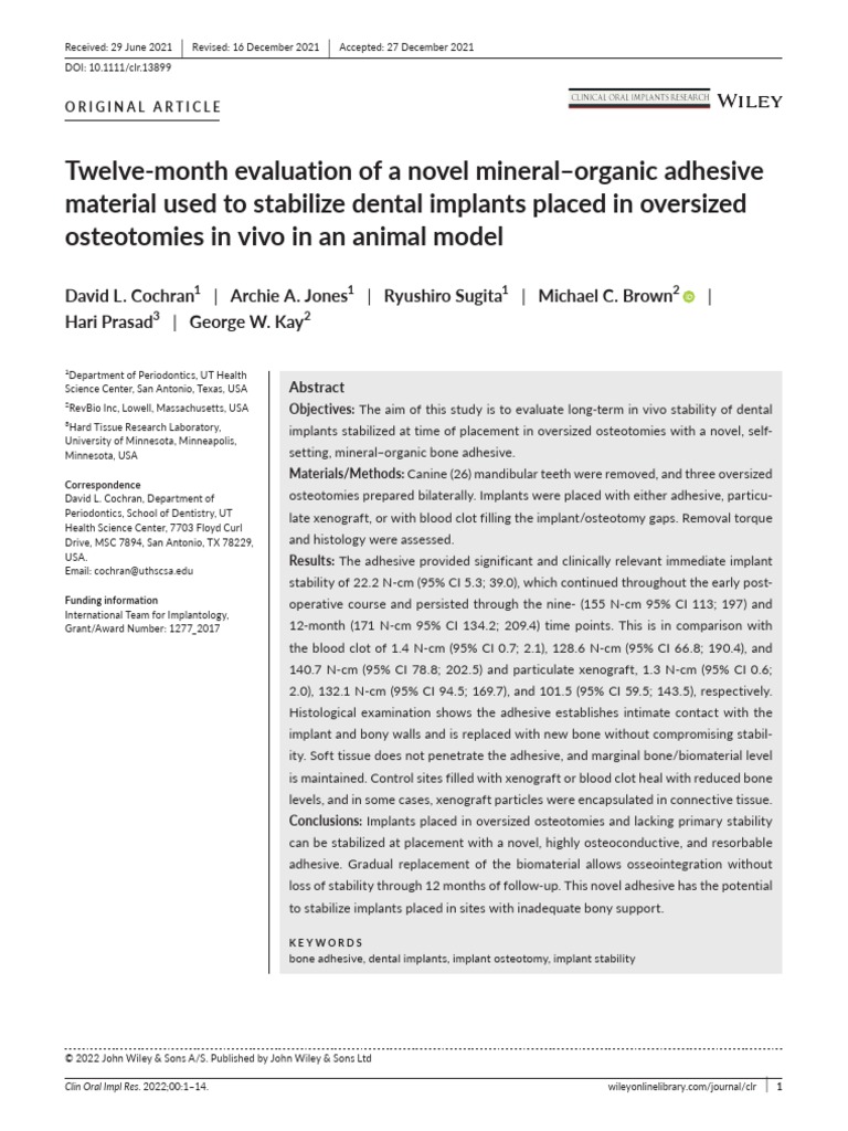 Twelve-Month Evaluation of A Novel Mineral-Organic Adhesive Material ...