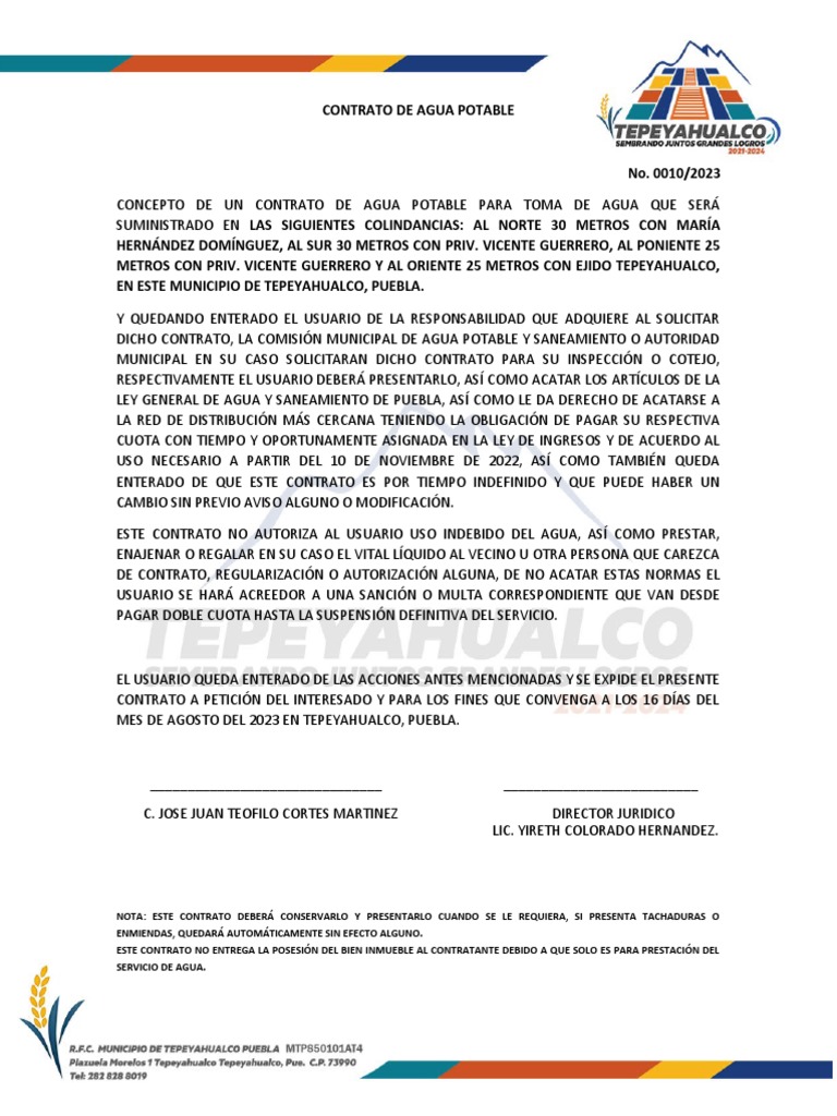 Contrato de Agua Potable Puebla 2023 | PDF | Derecho | Hogar ...