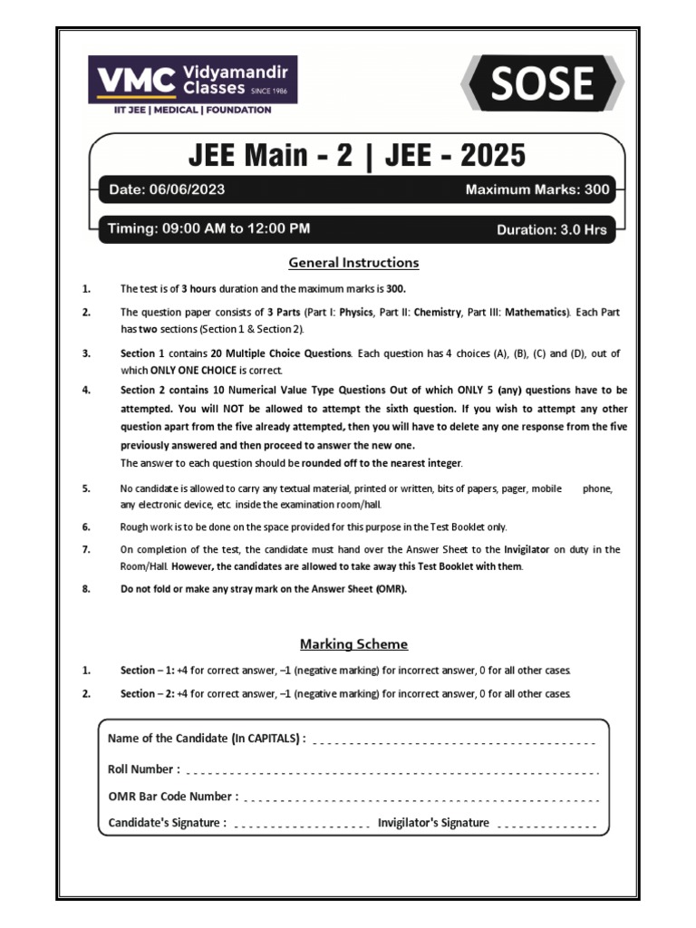 JEE Main 2025 Exam Instructions and Format | PDF | Mole (Unit) | Equations