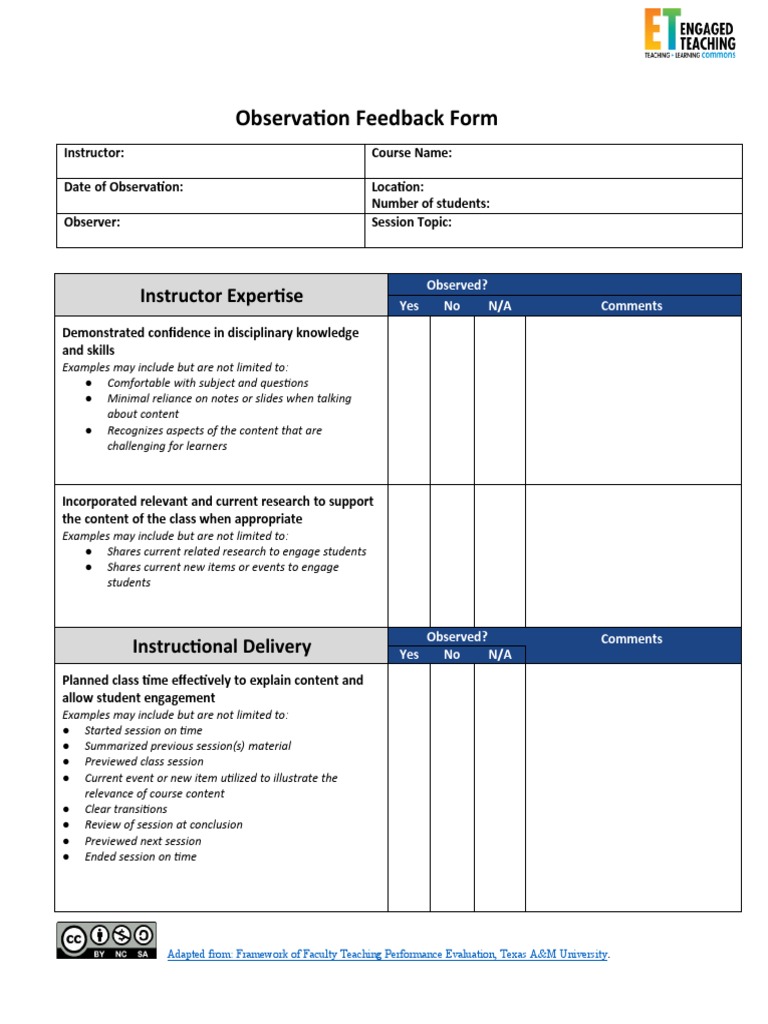 Faculty Teaching Observation Feedback Form | PDF | Learning | Cognition