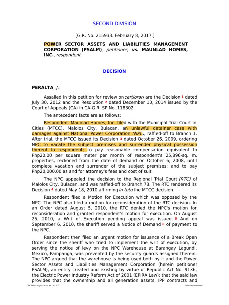 Power Sector Assets and Liabilities Management Corp. vs. Maunlad Homes