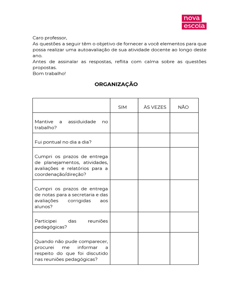 Autoavaliacao Modelo | PDF | Pedagogia | Planejamento
