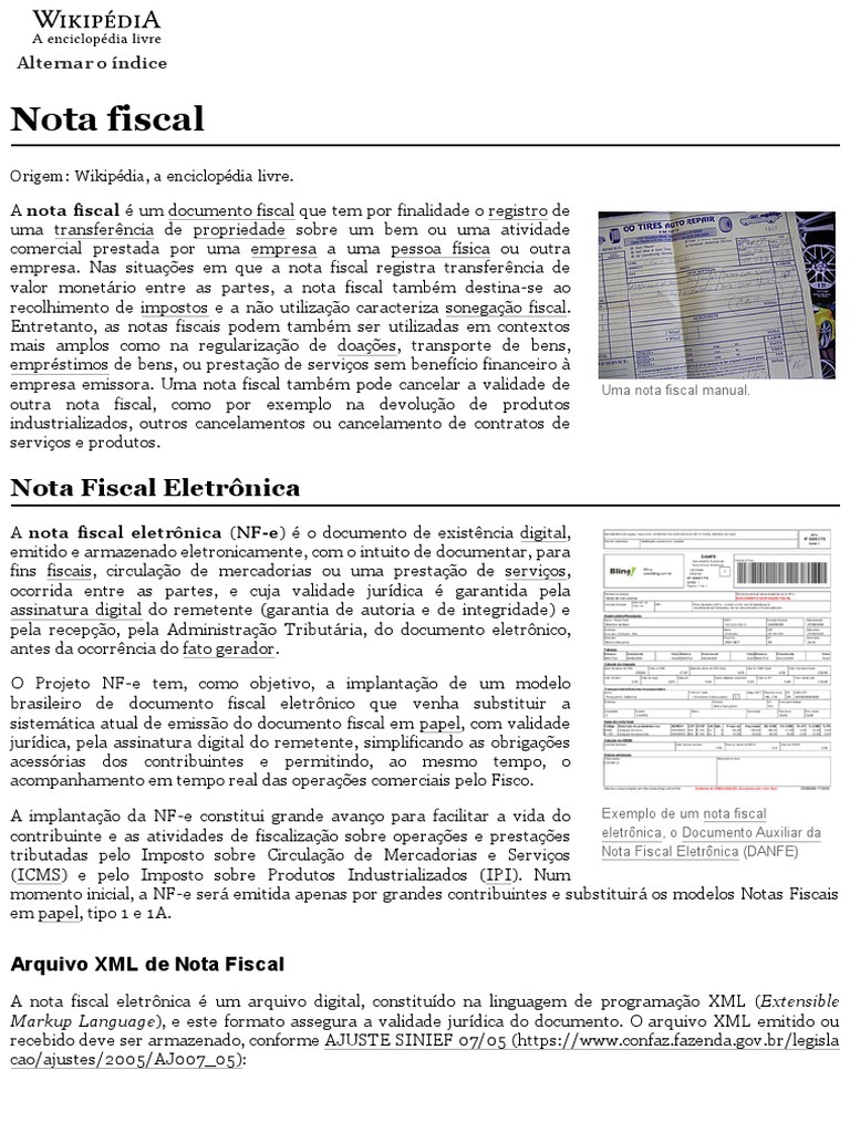 Nota Fiscal - Wikipédia, A Enciclopédia Livre | PDF