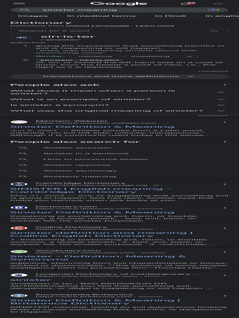 Sinister Meaning Google Search PDF Dictionary Human