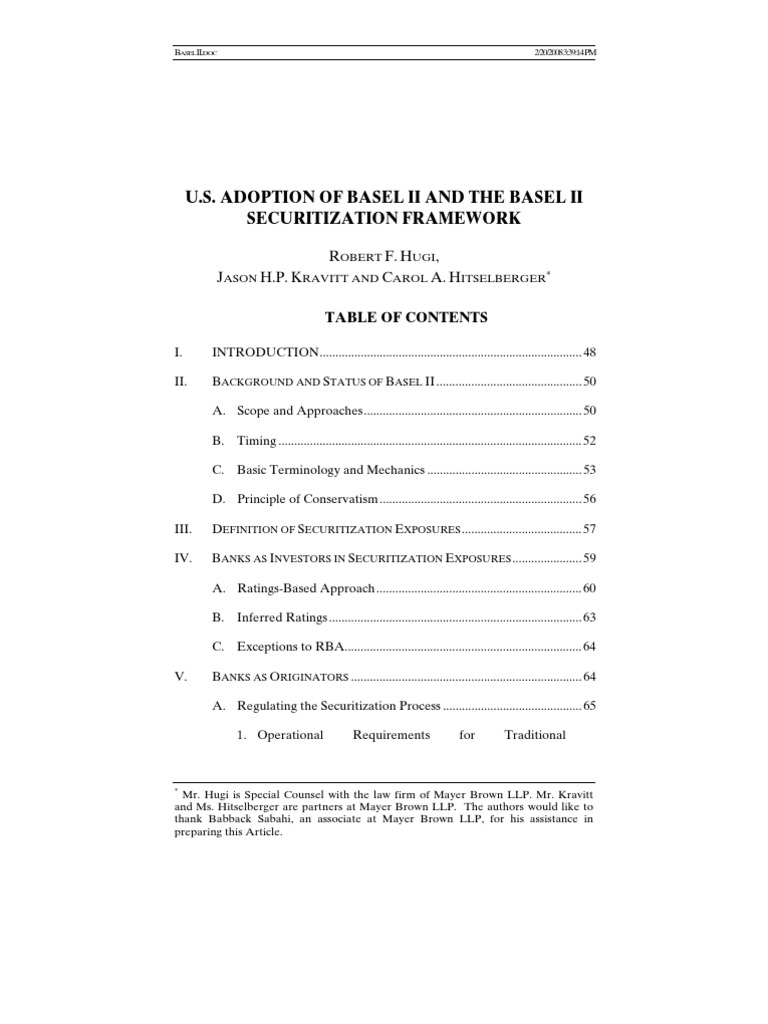 U.S. Adoption of Basel Ii and The Basel Ii Securitization Framework PDF Basel Ii