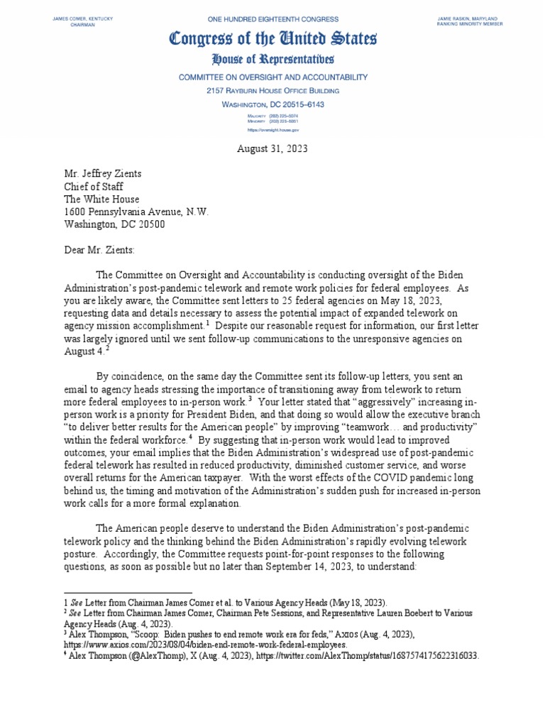 House Oversight Committee Letter To White House Re: Telework | PDF ...