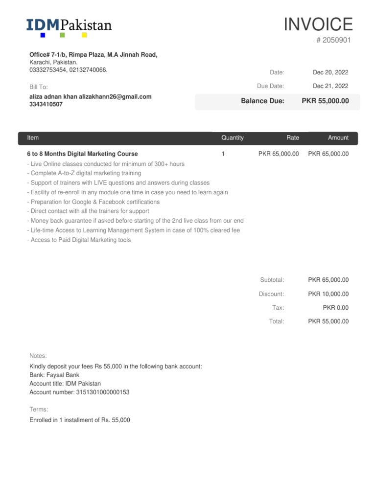 Digital Marketing Course Invoice | PDF