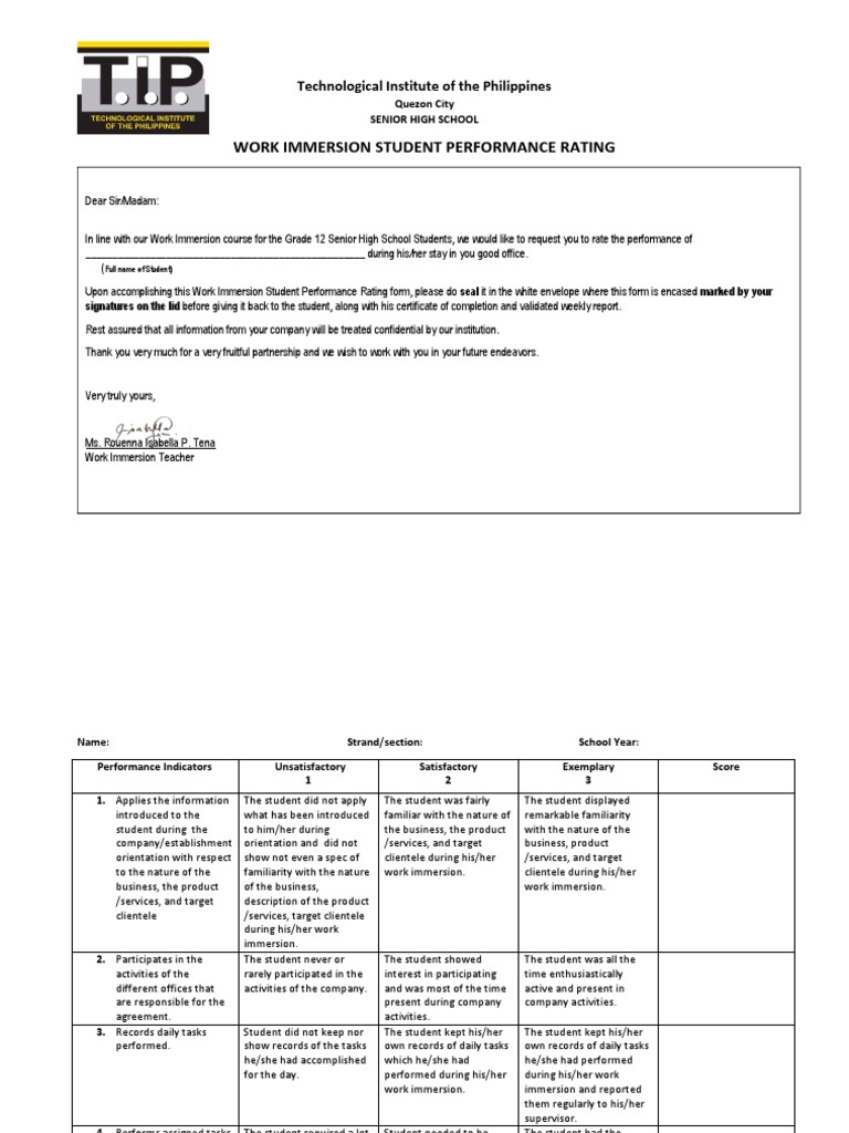 Work Immersion Student Performance Rating: Technological Institute of ...