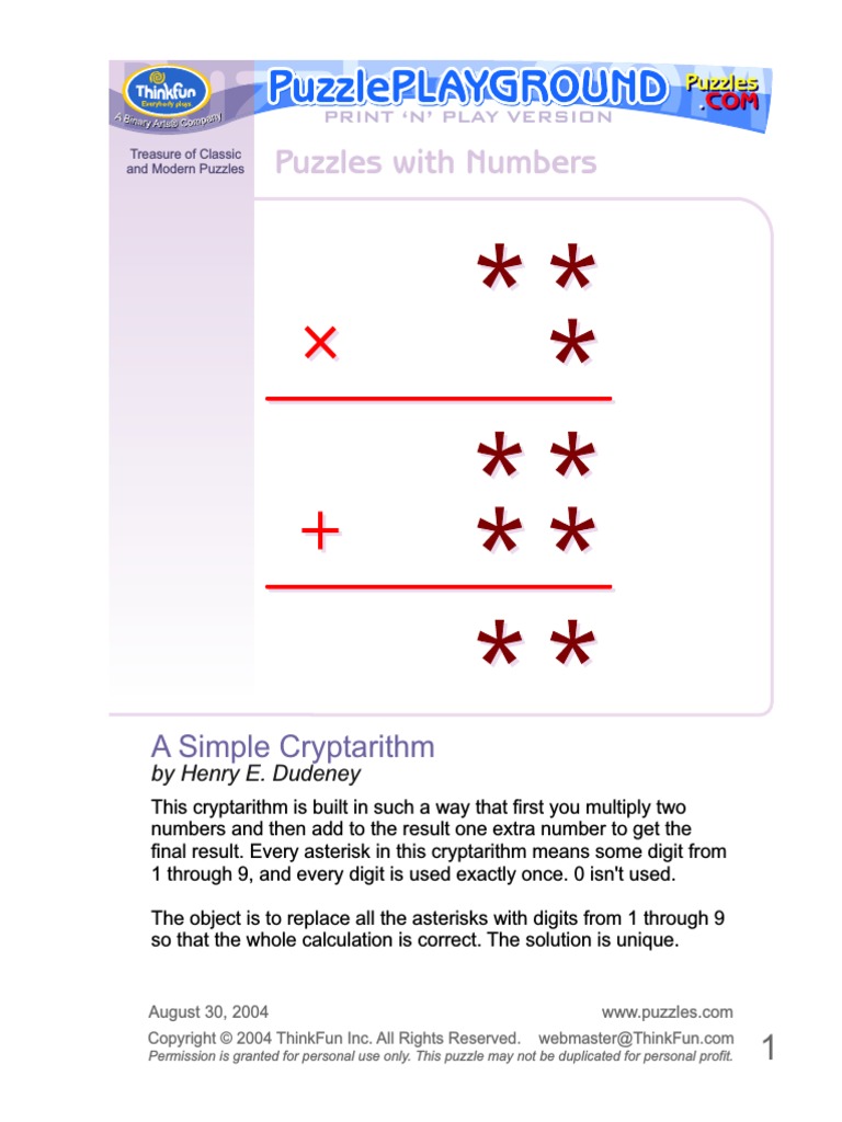Puzzles With Numbers: A Simple Cryptarithm | PDF | Art
