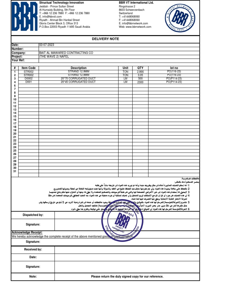 Delivery Note Nafel 1 Duct and Strand | PDF