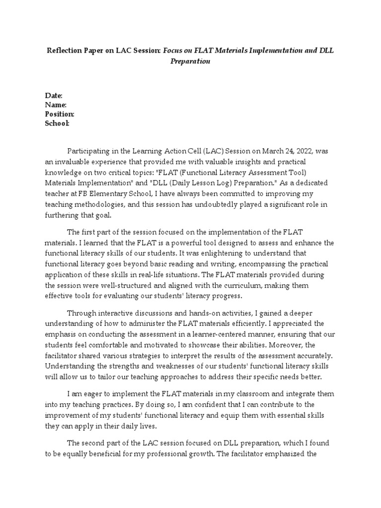 Reflection Paper LAC Session 2 | PDF | Literacy | Teachers