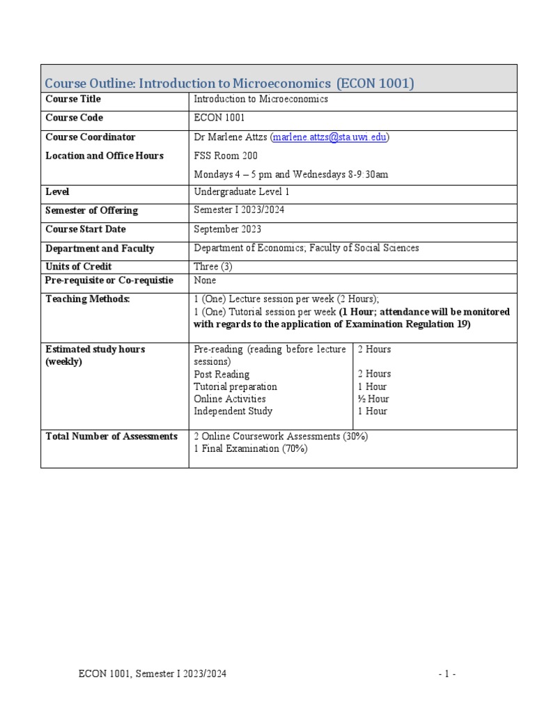 ECON 1001 Outline 2023 - 24 Final | PDF | Theory | Microeconomics