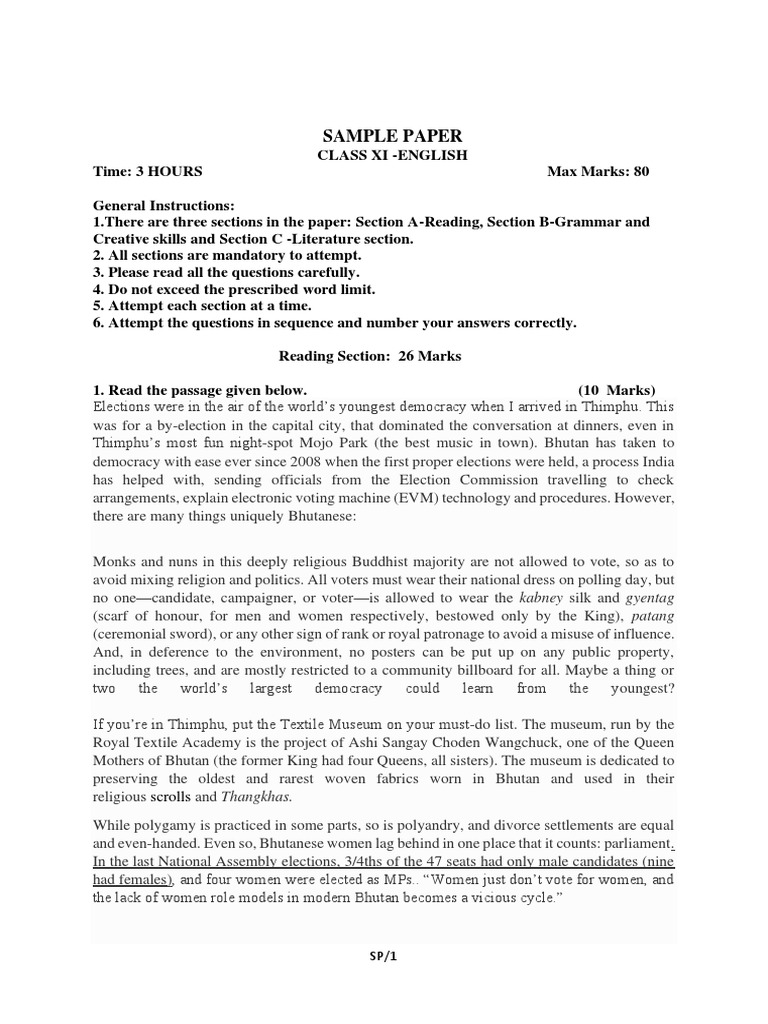 Xi English Sample Paper Pdf Bhutan Nanowire