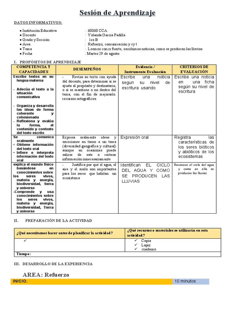 Aprendizaje de Lluvias y Noticias en 1ro B | PDF | Evaluación | Aprendizaje