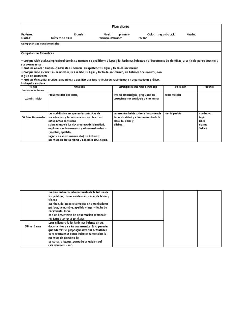 Planilla de Planificación Diaria. Plan clase a clase | PDF | Escritura ...