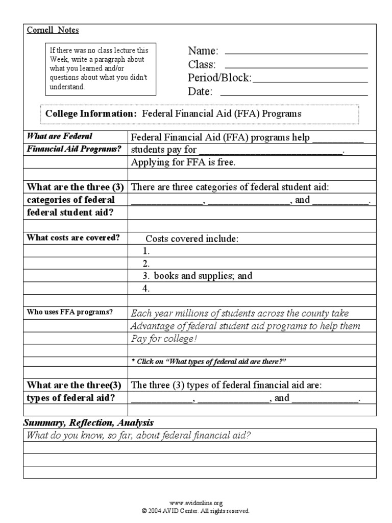 Cornell Notes Financial Aid PDF Pell Grant The United States