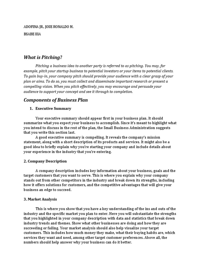 Research About Pitching and Components of Business Plan | PDF ...