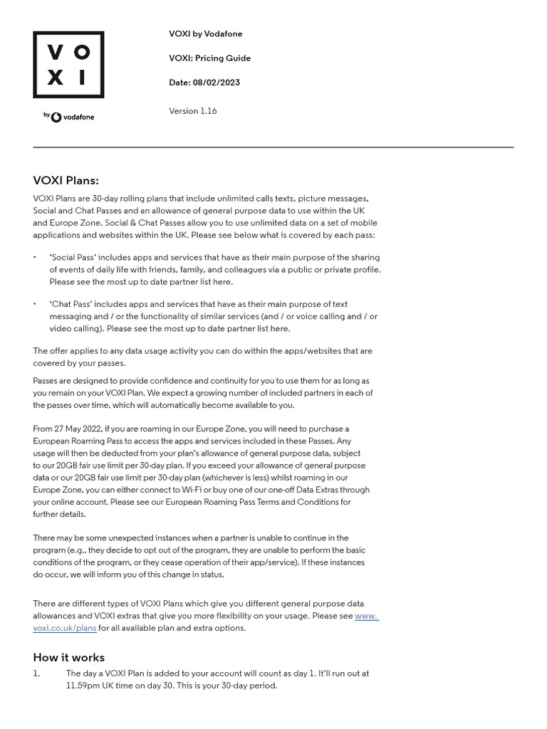 VOXI Pricing Guide PDF Roaming Mobile App
