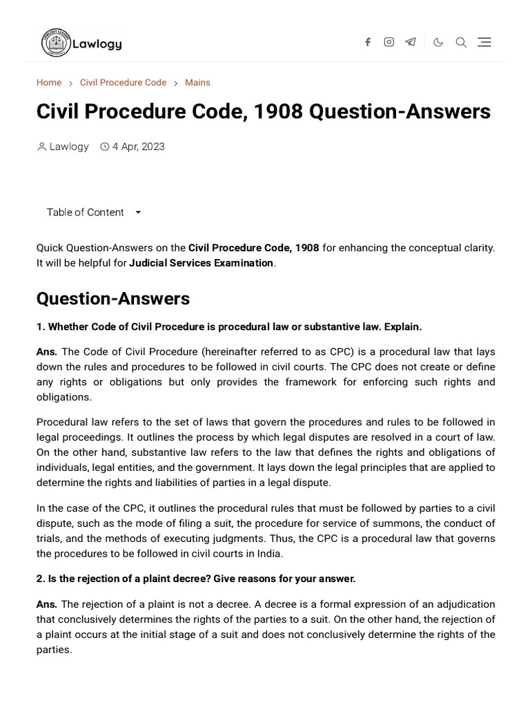 Civil Procedure Code, 1908 Question-Answers - Lawlogy | PDF