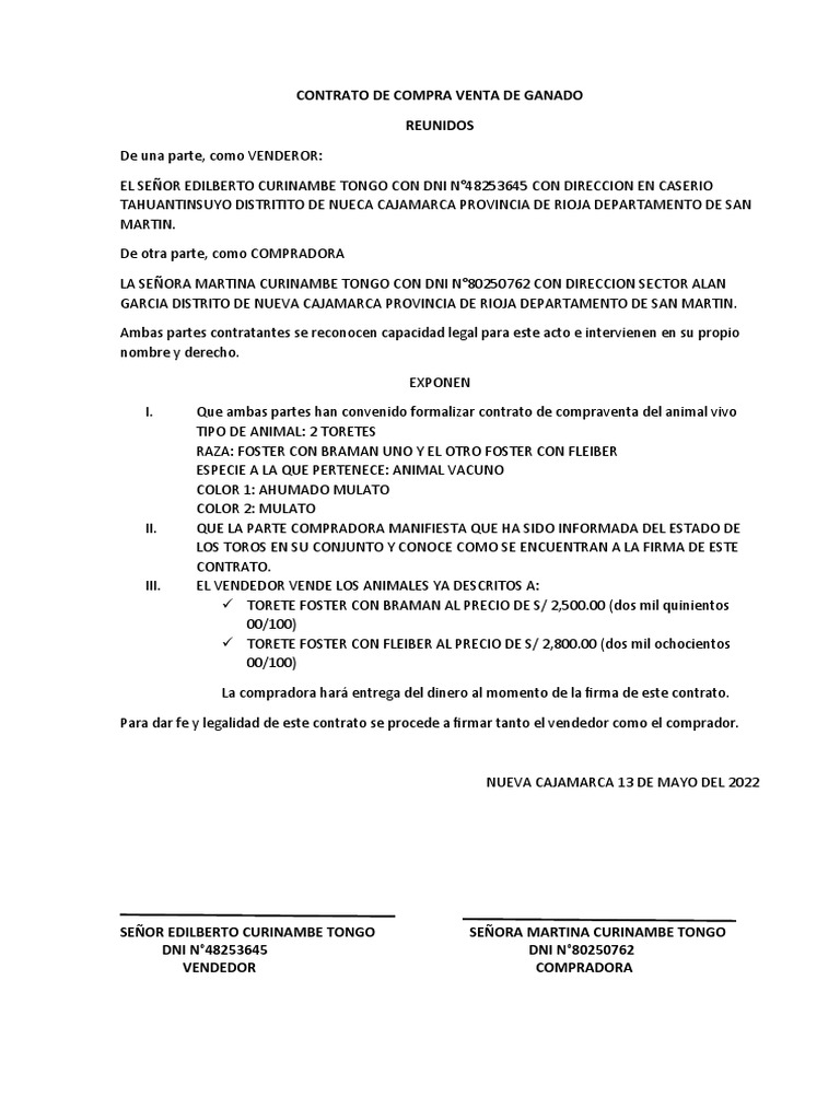 Contrato de compra venta de ganado pdf