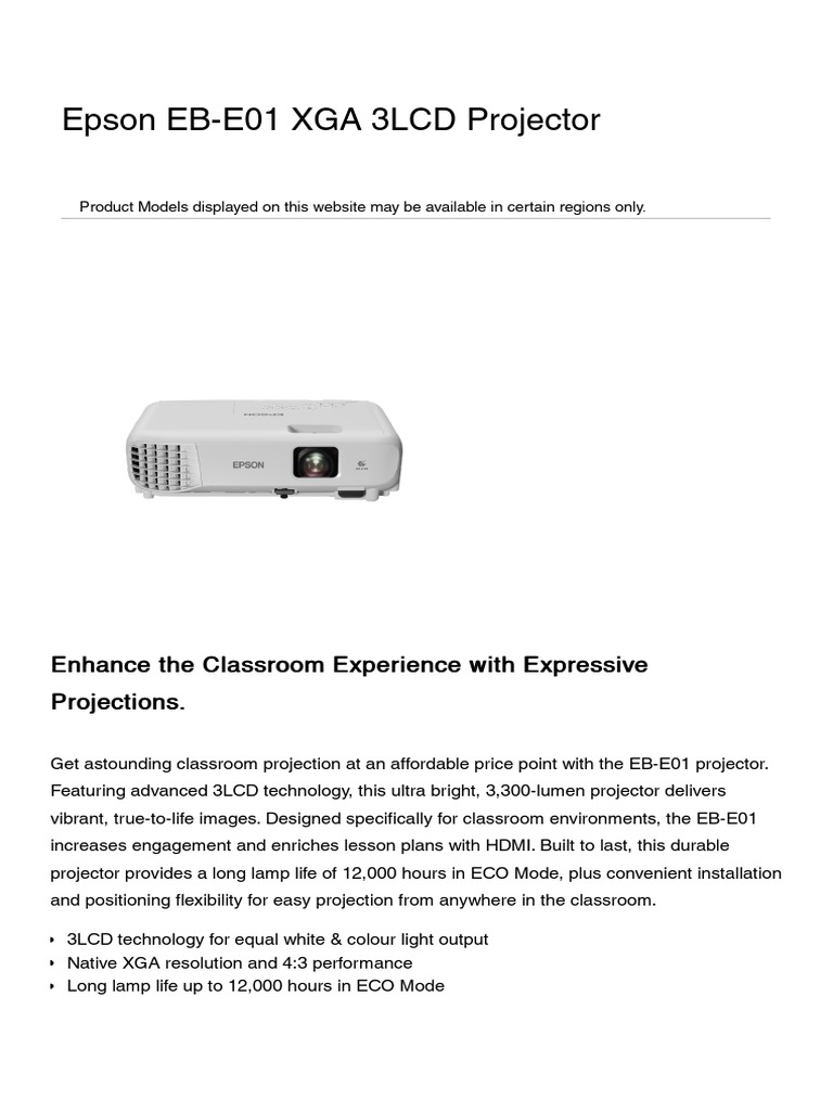 V11H971052 Epson EBE01 XGA 3LCD Projector Corporate and Education