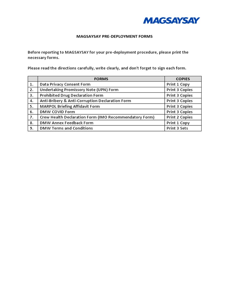 Magsaysay Pre-Deployment Forms | PDF | Bribery | Business