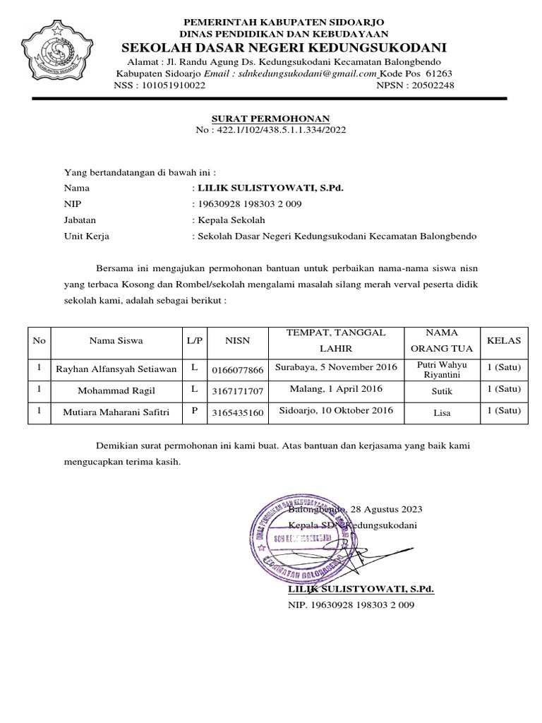 Surat permohonan nisn ganda pdf