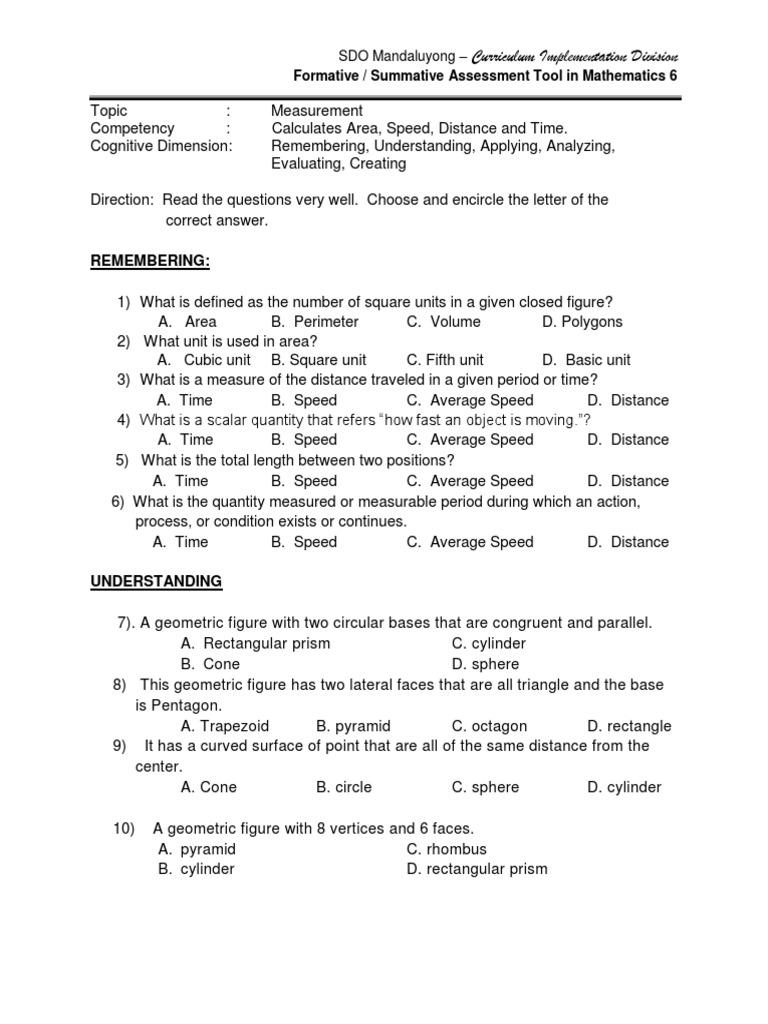 Summative Assessment Tools in Mathematics 6 - Measurement | PDF | Area