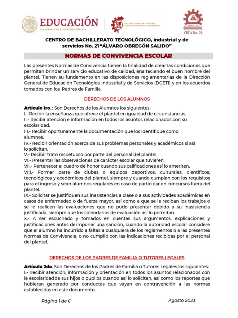 Normas de Convivencia Escolar 2023 | PDF