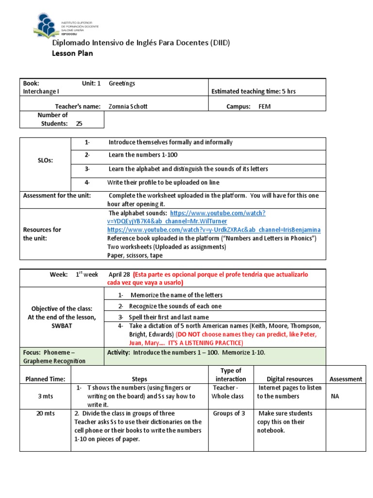 Formato Lesson Plan 2022 - (EXAMPLE) | PDF | Alphabet | Orthography