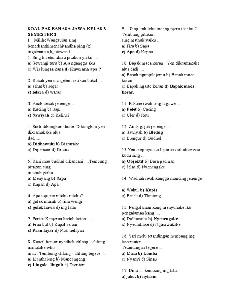 Menggali Kekayaan Budaya Melalui Soal Bahasa Jawa Kelas 3 Semester 1 Tahun 2019