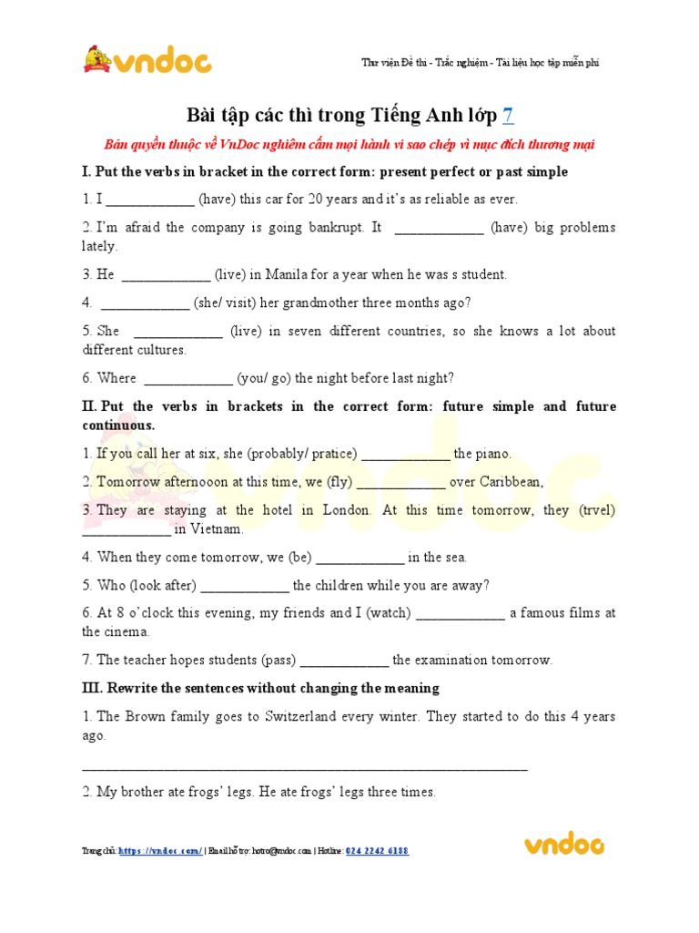Bai Tap Cac Thi Trong Tieng Anh Lop 7 | PDF