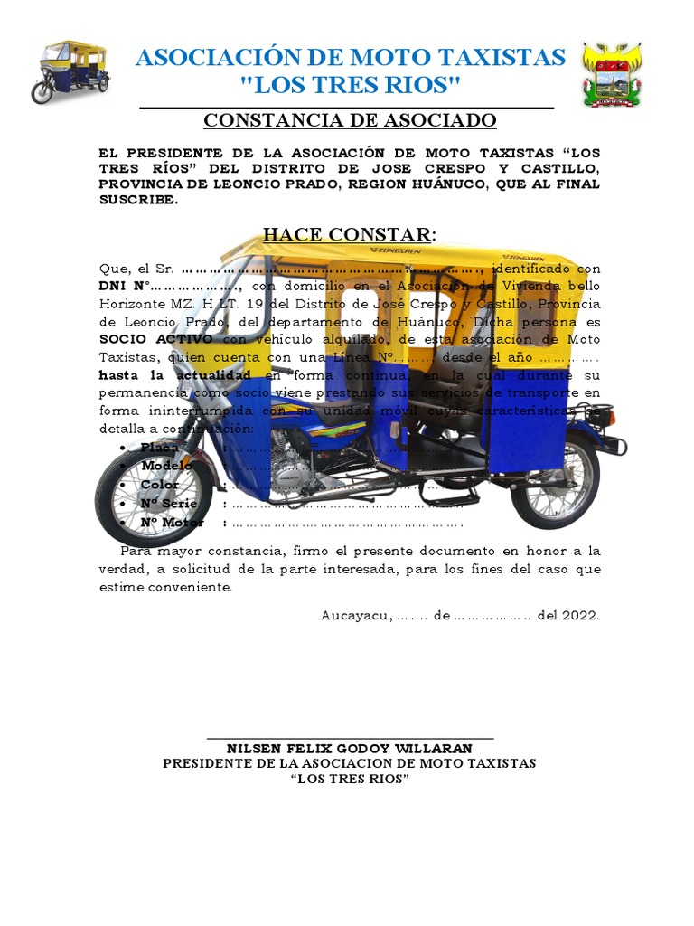 CONSTANCIA DE Asociado de Mototaxistas Los Tres Rios PARA RELLENAR | PDF