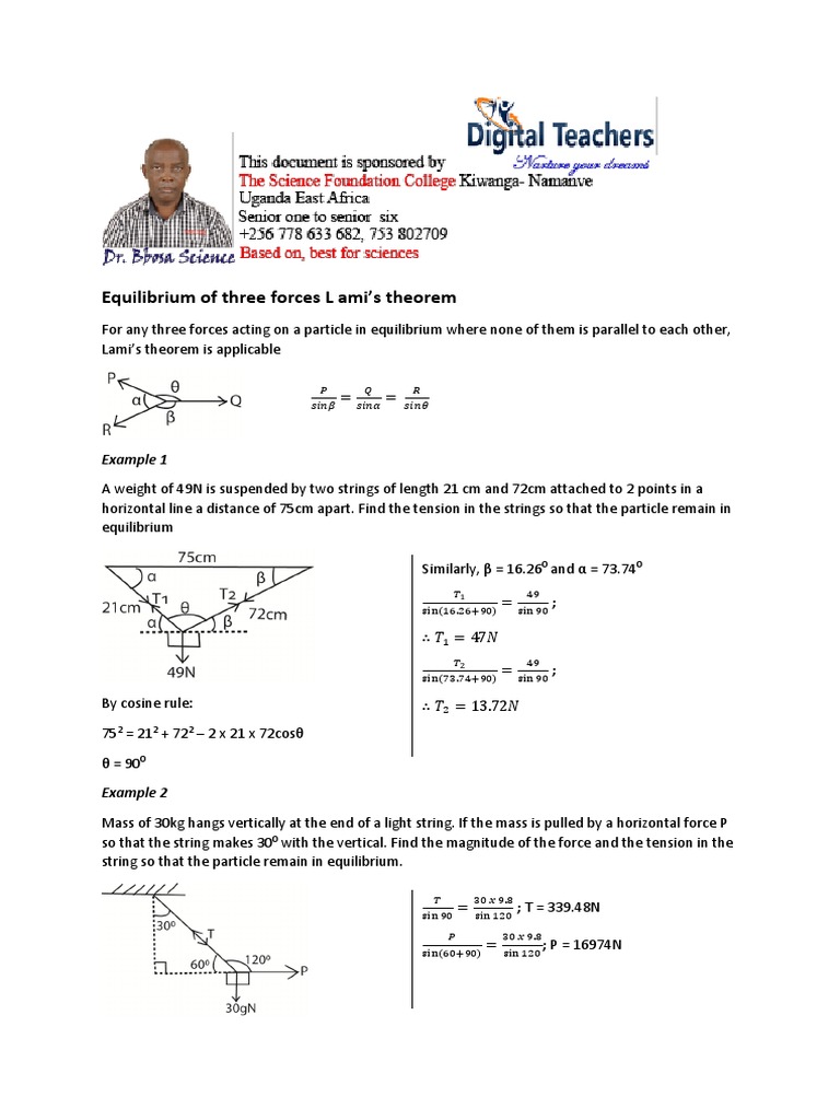 Lami's Theorem: Equilibrium of Forces | PDF | Force | Tension (Physics)
