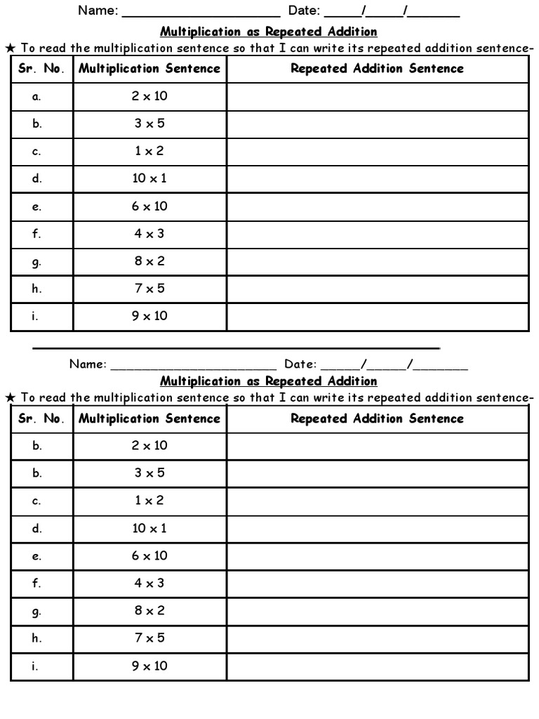 Multiplication to repeated addition sentence | PDF