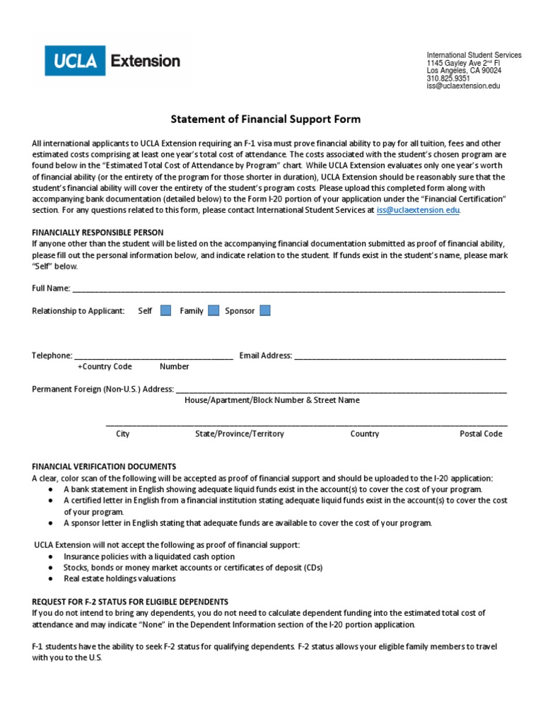 Ucla Extension Statement of Financial Support Form PDF Service