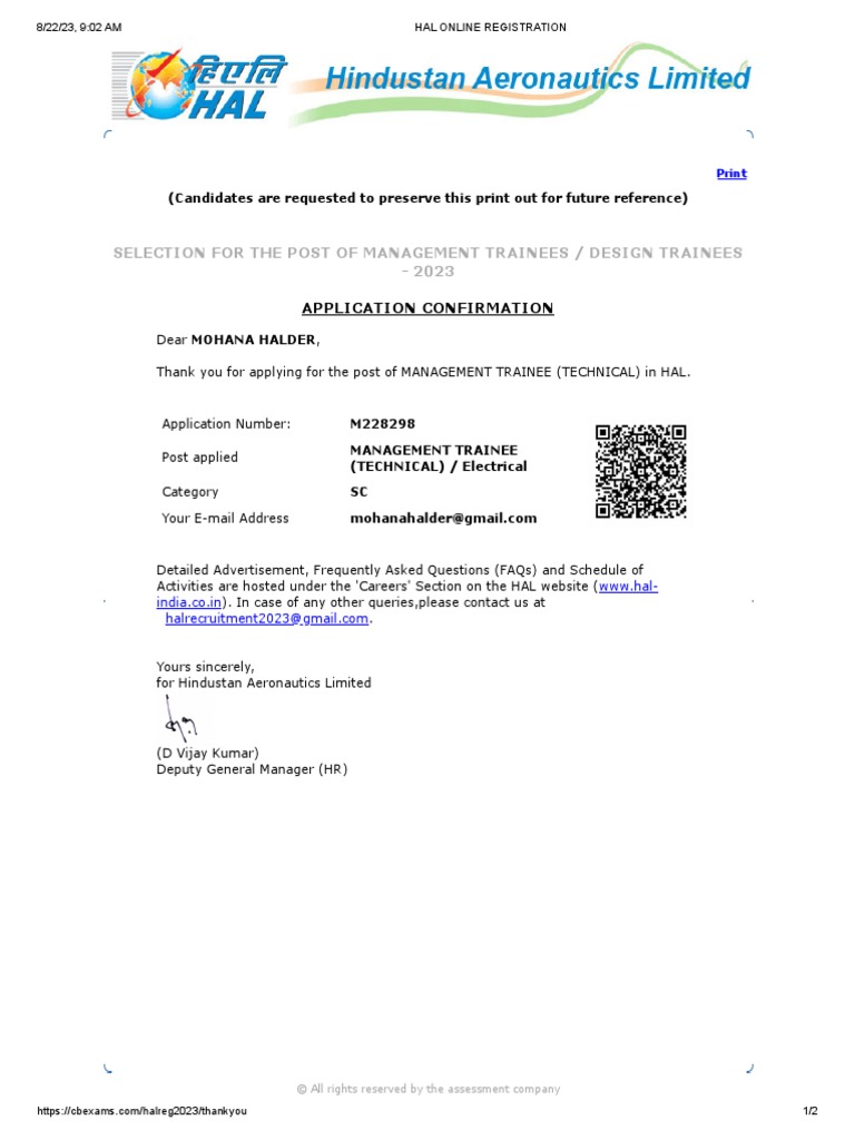 HAL Trainee Application Confirmation | PDF
