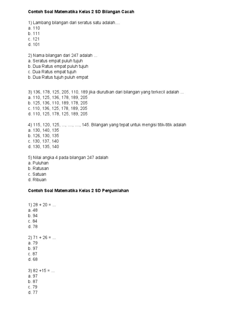 Contoh Soal Matematika Kelas 2 Sd Bilangan Cacah Pdf
