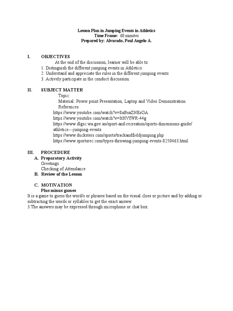 Lesson Plan in Jumping Events in Athletics PDF Athletic Sports Sports