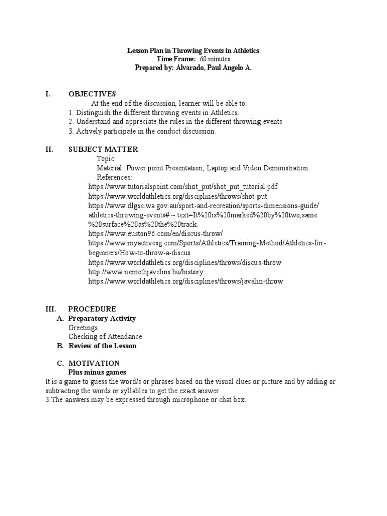 Lesson Plan in Throwing Events in Athletics PDF Track And Field