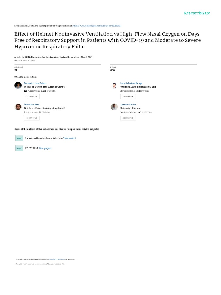 Effect of Helmet Noninvasive Ventilation Vs High Flow Nasal Oxygen PDF