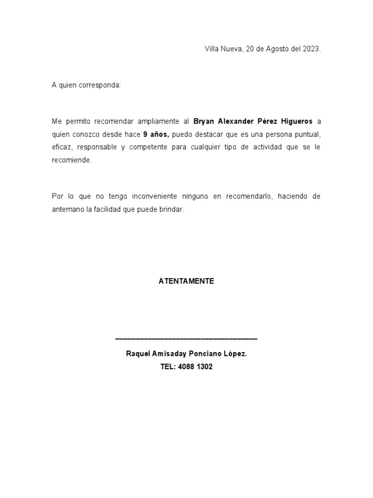 Carta de Recomendacion Personal | PDF