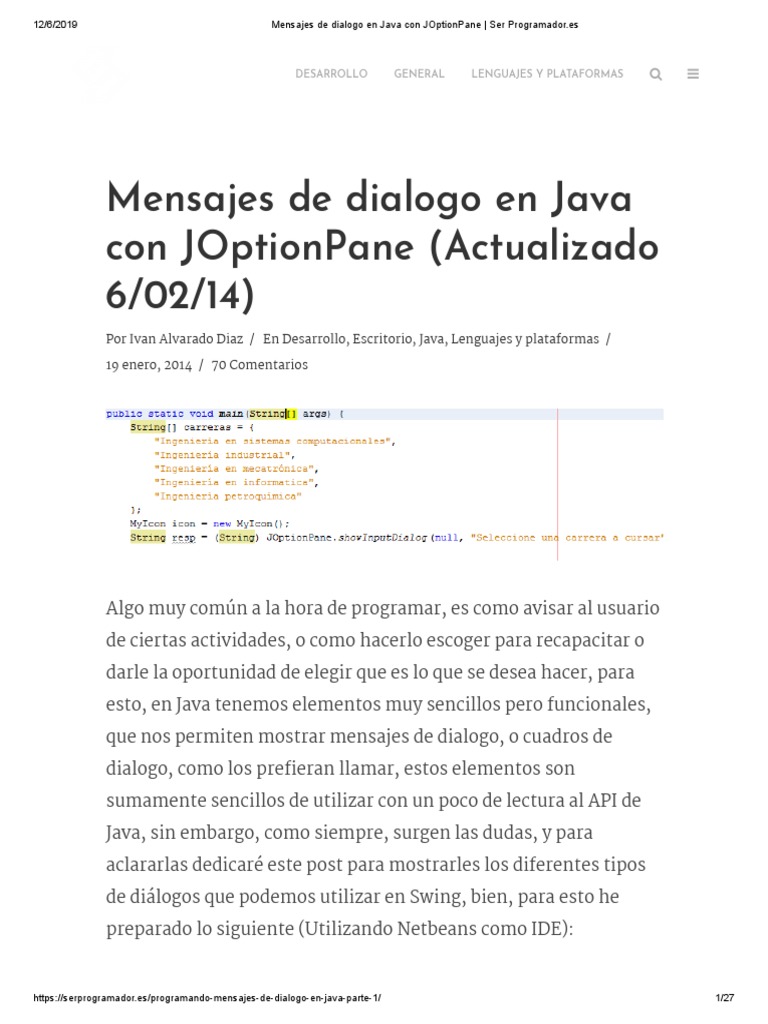Diálogos en Java con JOptionPane | PDF | Java (lenguaje de programación ...