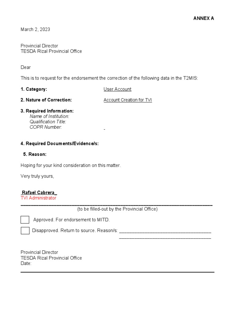 TESDA Data Correction Request Form | PDF