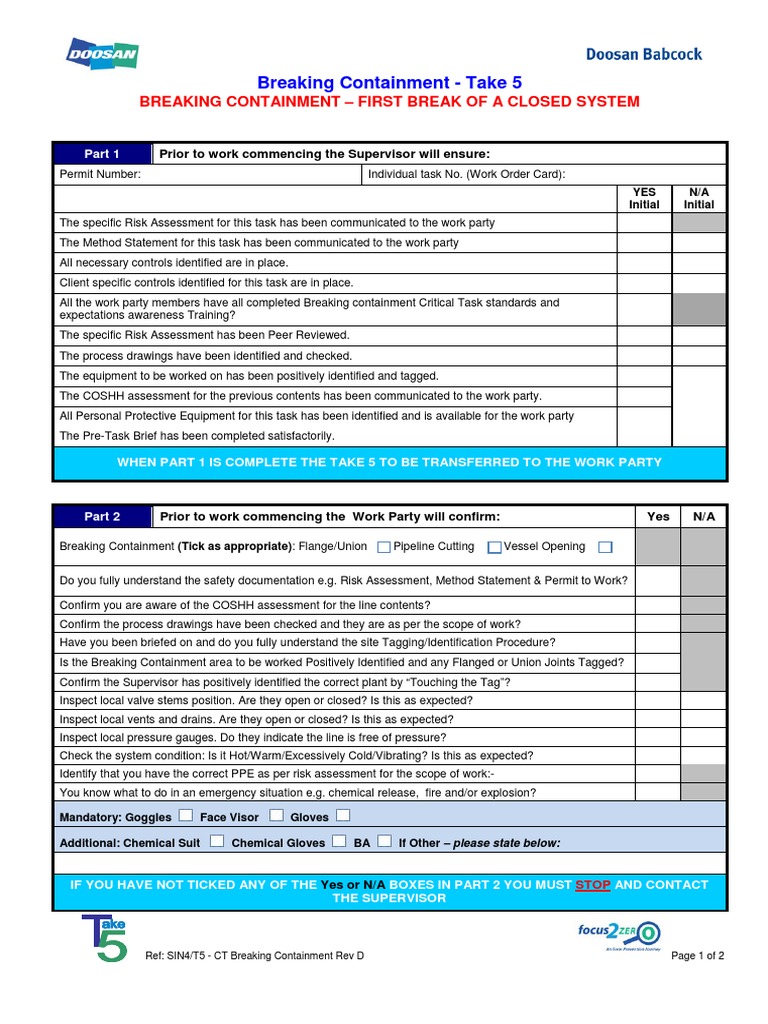 Breaking Containment Safety Checklist | PDF | Risk Assessment ...