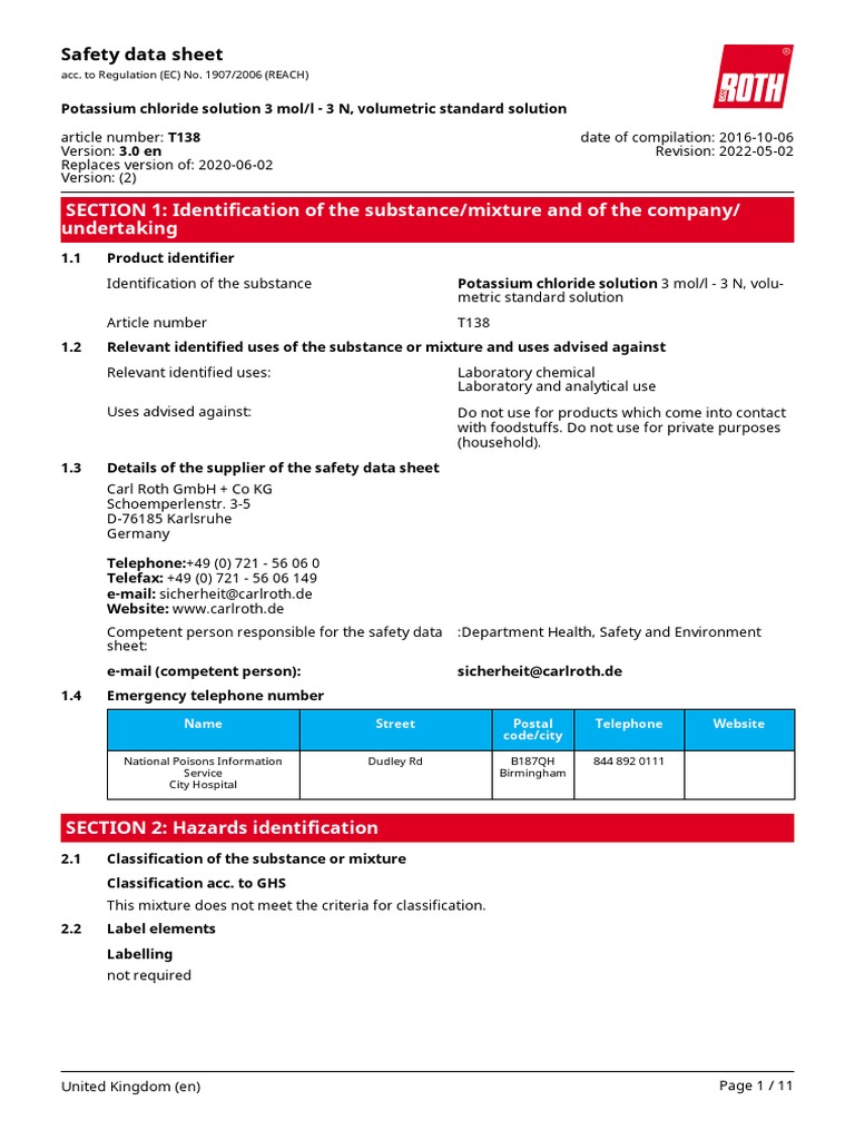 Potassium Chloride PDF Dangerous Goods Toxicity