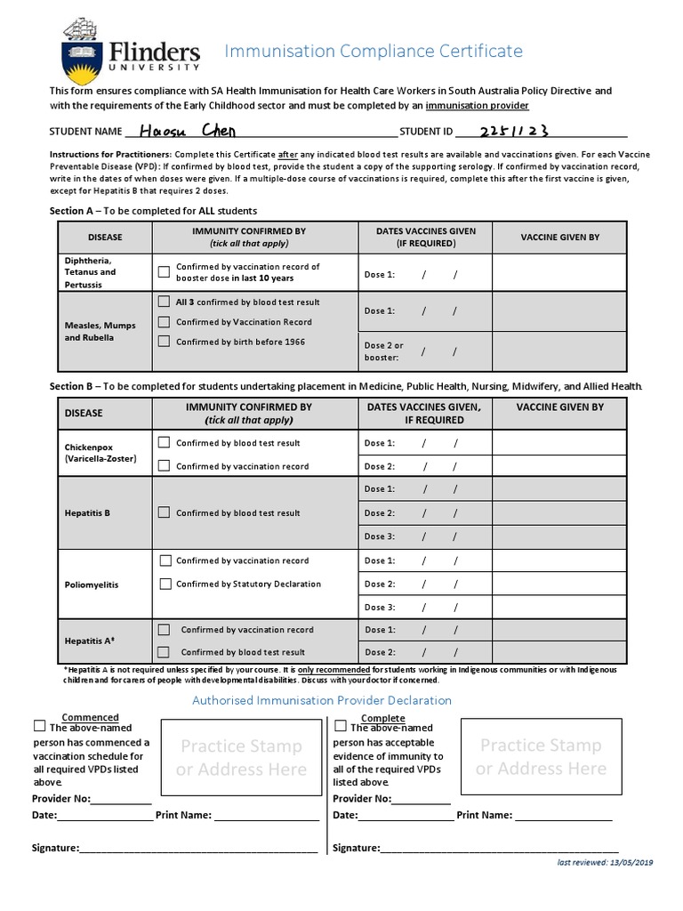 Immunisation Compliance Certificate Form | PDF | Vaccines ...