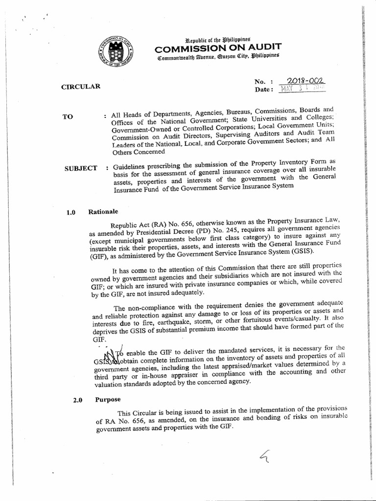 COA Circular No. 2018 002 PROPERTY INVENTORY PDF Insurance