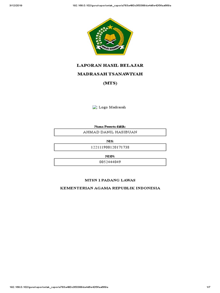 Rapor Hasil Belajar Ahmad Danil MTS | PDF